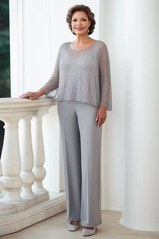 Sparkly Grey Sequined Top Long Sleeves Chiffon Formal Jumpsuit sold by Zapaka