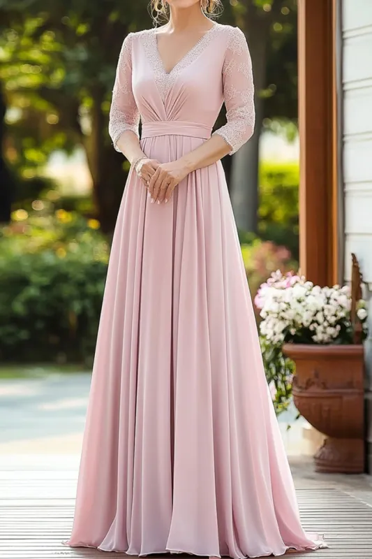 Pink Elegant Lace Chiffon Mother Of the Bride Dress with 3/4 Sleeves sold by Zapaka