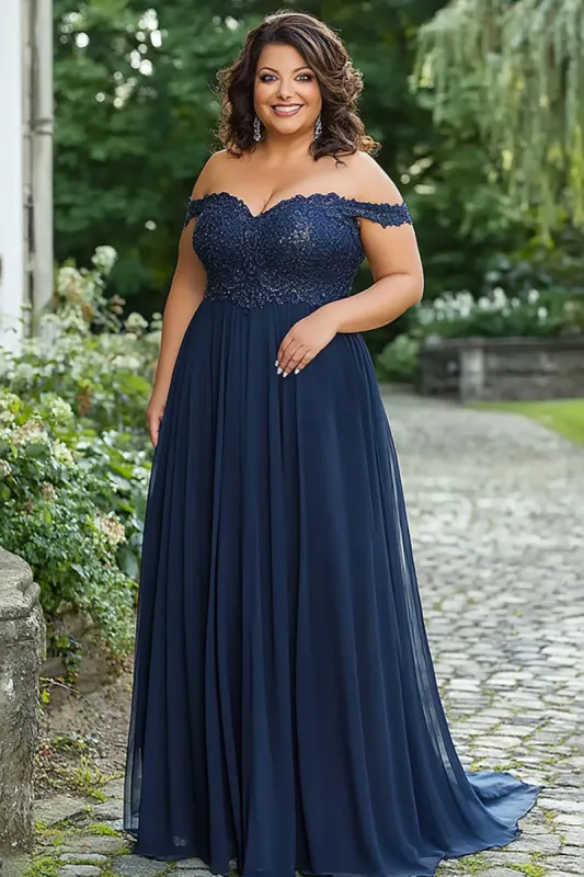 Elegant Navy Off the Shoulder A-Line Chiffon Long Mother of the Bride Dress with Lace Appliques sold by Zapaka