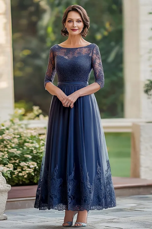 Elegant Navy Lace A Line Mother of The Bride Dress with 3/4 Sleeves sold by Zapaka
