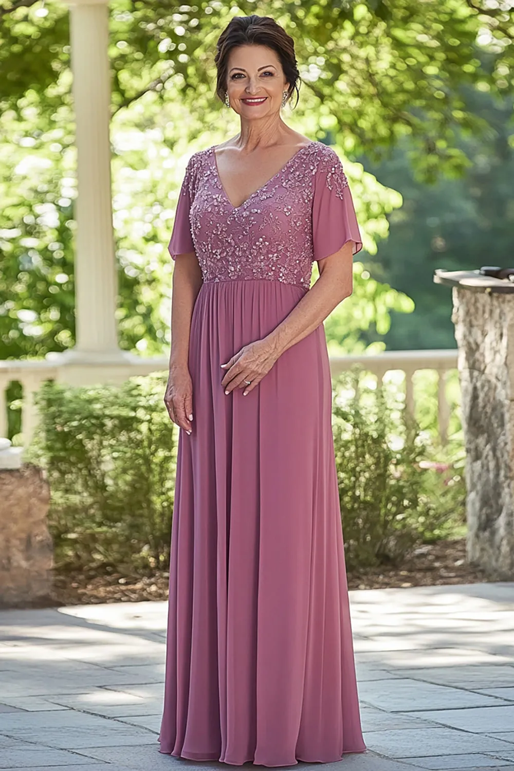 Chiffon Dusty Rose V-Neck Mother of Bride Dress with Half Sleeves sold by Zapaka