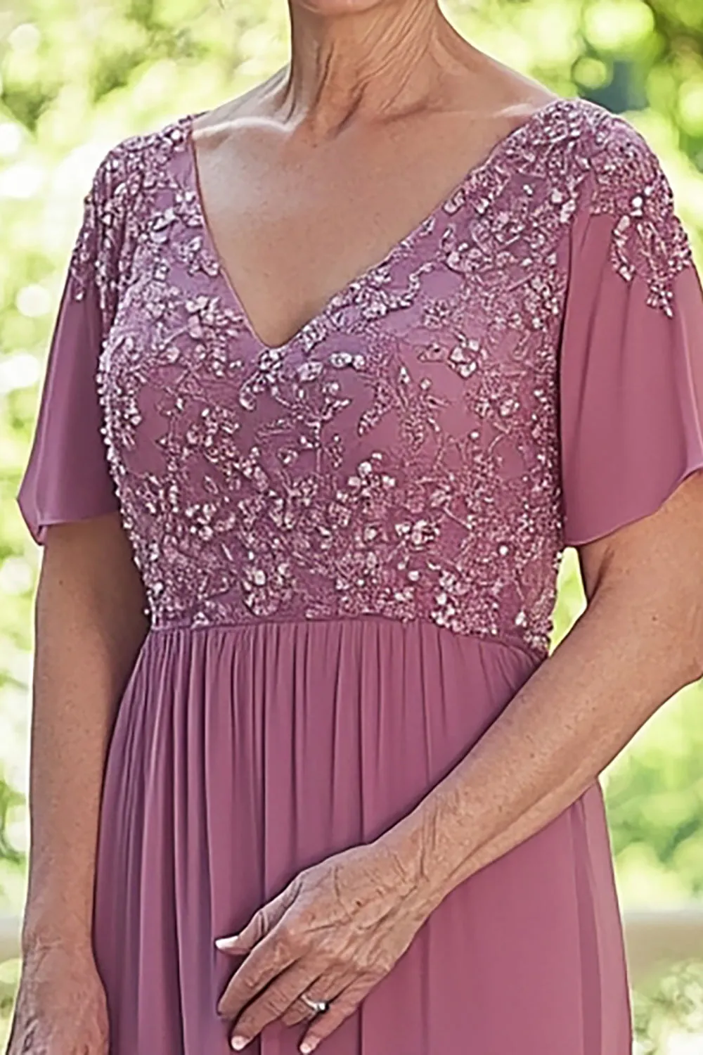 Chiffon Dusty Rose V-Neck Mother of Bride Dress with Half Sleeves sold by Zapaka product image thumbnail 2
