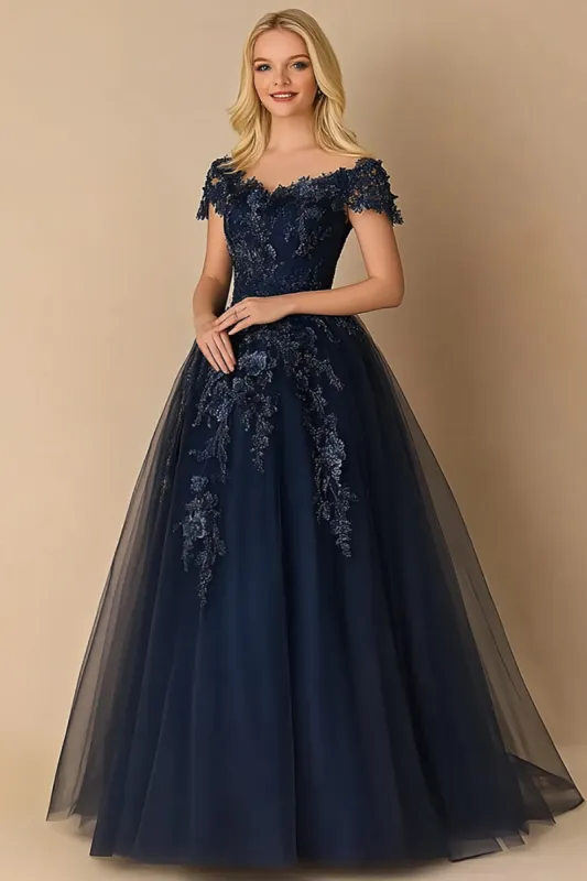 Black Tie Navy A-Line V-neck Tulle Long Mother of the Bride Dress with Short Sleeves sold by Zapaka