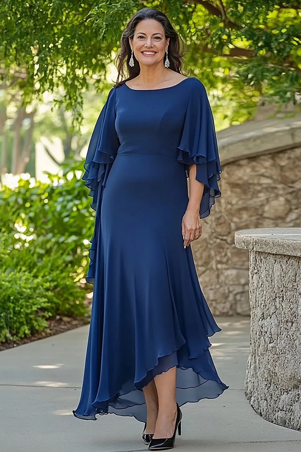 Navy Mermaid Ruffle Flowy 3/4 Sleeves Chiffon Long Mother of the Bride Dress sold by Zapaka