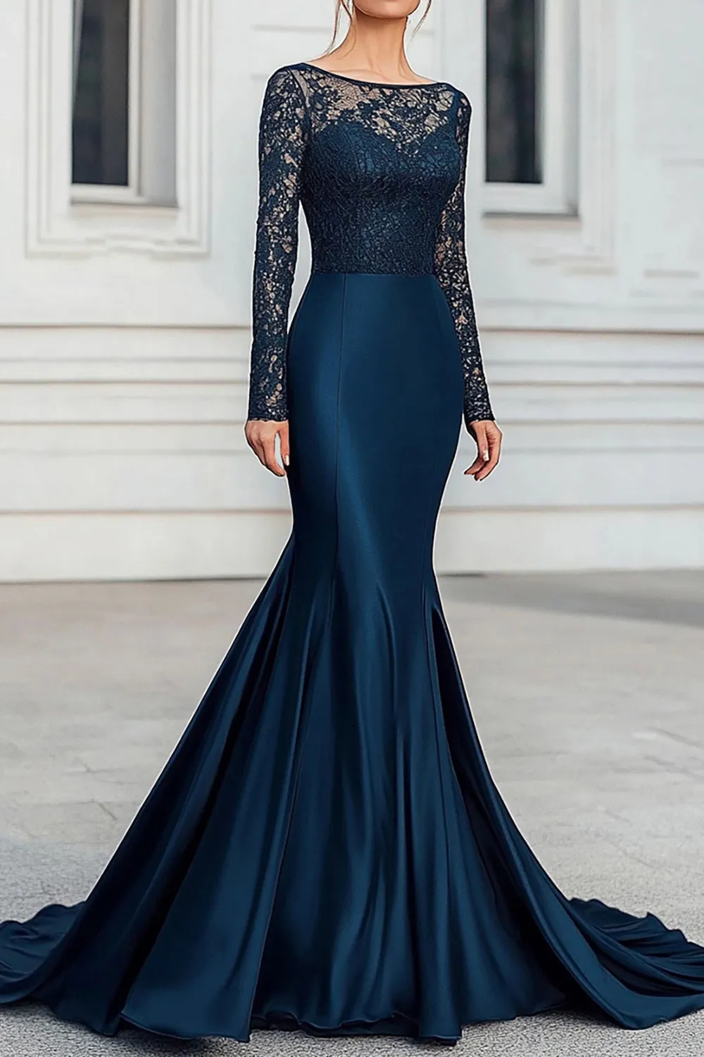 Mermaid Satin Lace Navy Mother of the Bride Dress with Long Sleeves sold by Zapaka