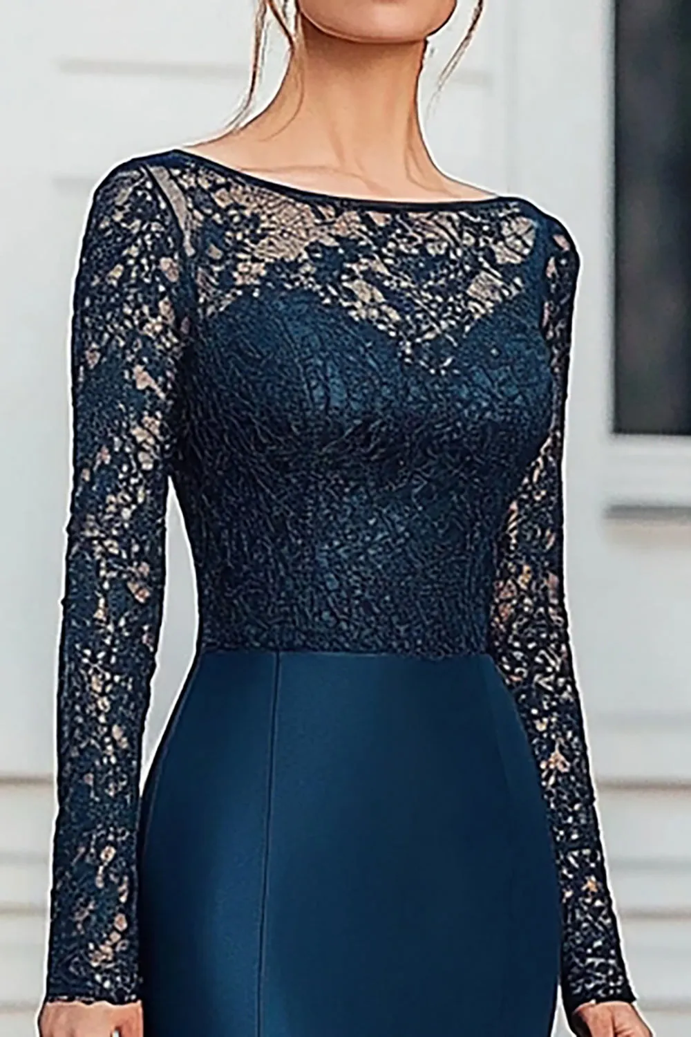 Mermaid Satin Lace Navy Mother of the Bride Dress with Long Sleeves sold by Zapaka product image thumbnail 2
