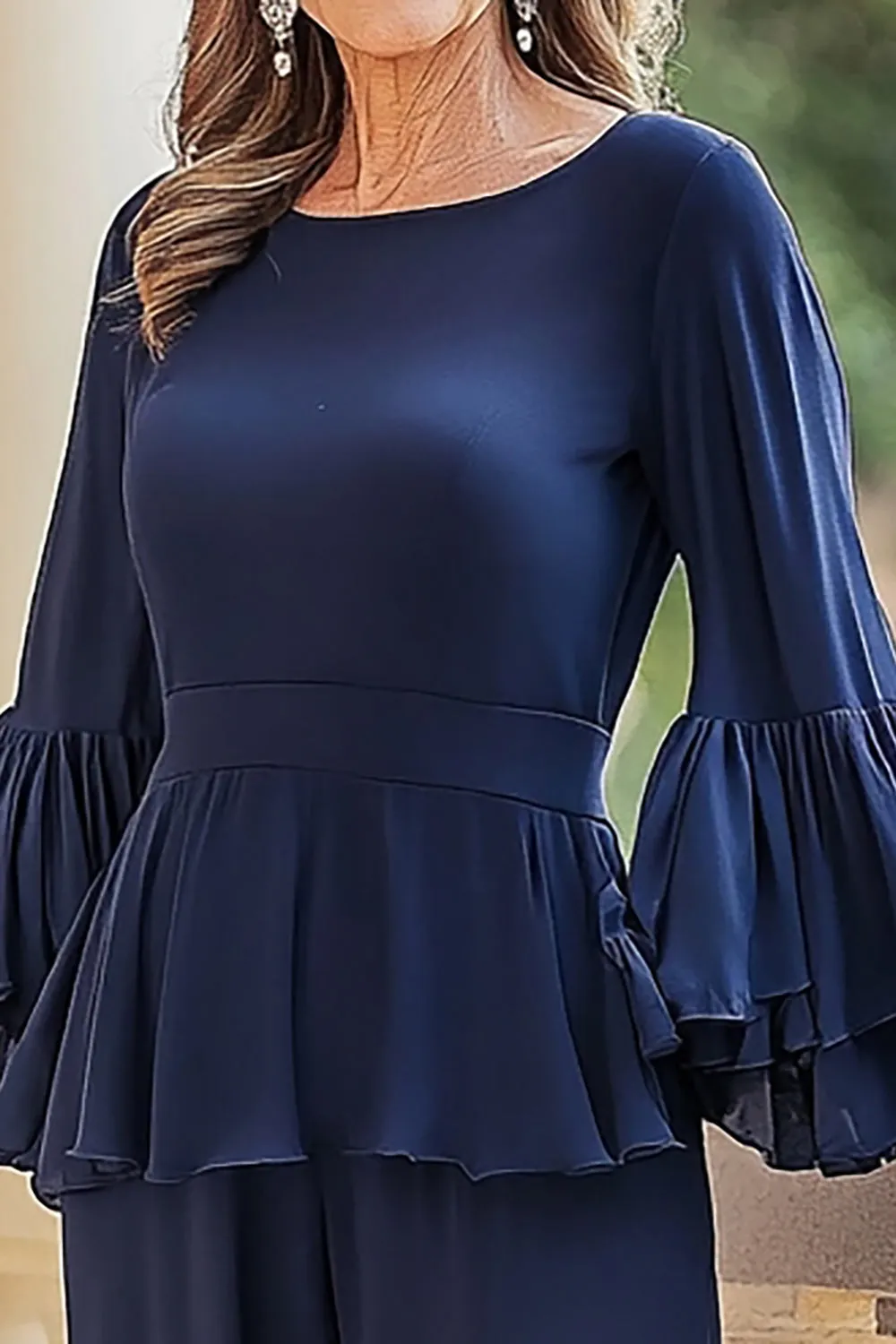 Navy Chiffon Long Sleeves Mother of the Bride Pant Suits with Ruffles sold by Zapaka product image thumbnail 2