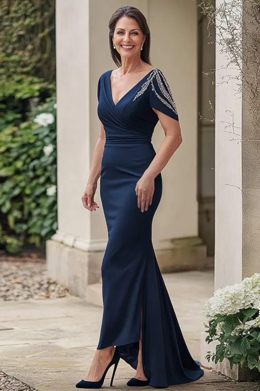 Navy V-neck Mermaid Satin Long Mother of the Bride Dress sold by Zapaka