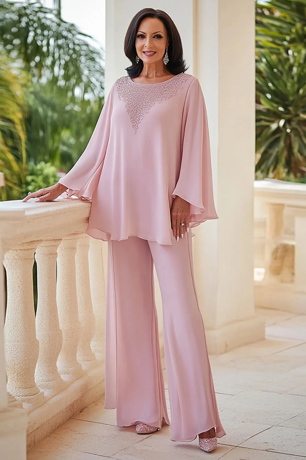 Pink 2-Piece Chiffon Scoop Beaded Mother of the Bride Pant Suits with Long Sleeves sold by Zapaka