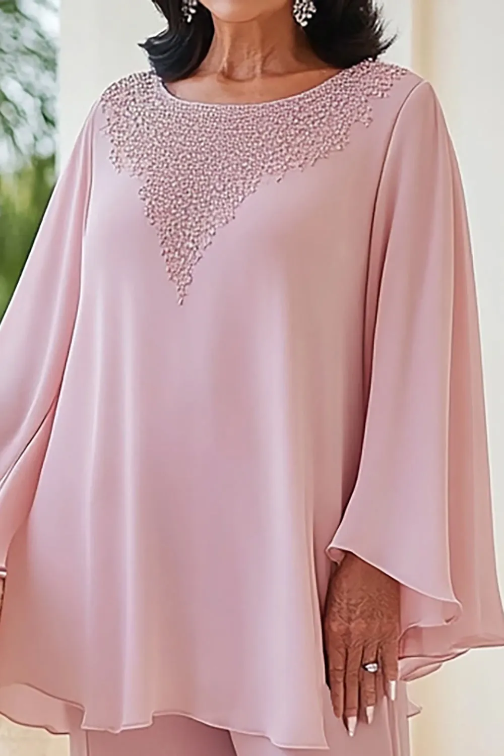 Pink 2-Piece Chiffon Scoop Beaded Mother of the Bride Pant Suits with Long Sleeves sold by Zapaka product image thumbnail 2