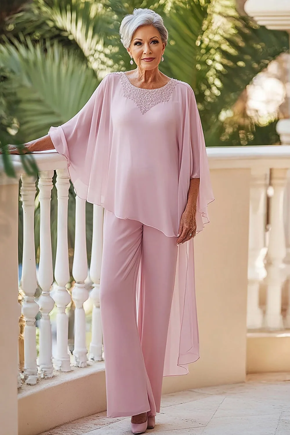 Pink Round Neck Chiffon Mother of the Bride Pant Suits sold by Zapaka