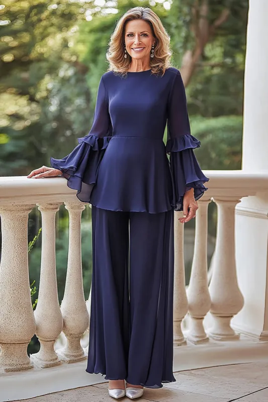 Navy Chiffon Round Neck Long Mother of the Bride Pant Suits made by Zapaka