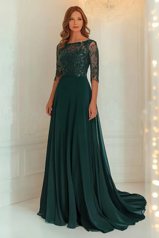 Chiffon Lace Dark Green Mother Of The Dress  with 3/4 Sleeves made by Zapaka