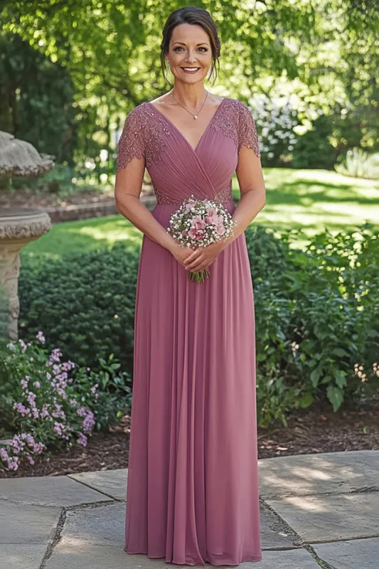 Sparkly Dusty Rose A-Line Wrap Sequined Short Sleeves Chiffon Long Mother of the Bride Dress sold by Zapaka