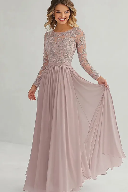 Elegant Dusty Rose A Line Long Sleeves Mother of Bride Dress with Lace sold by Zapaka