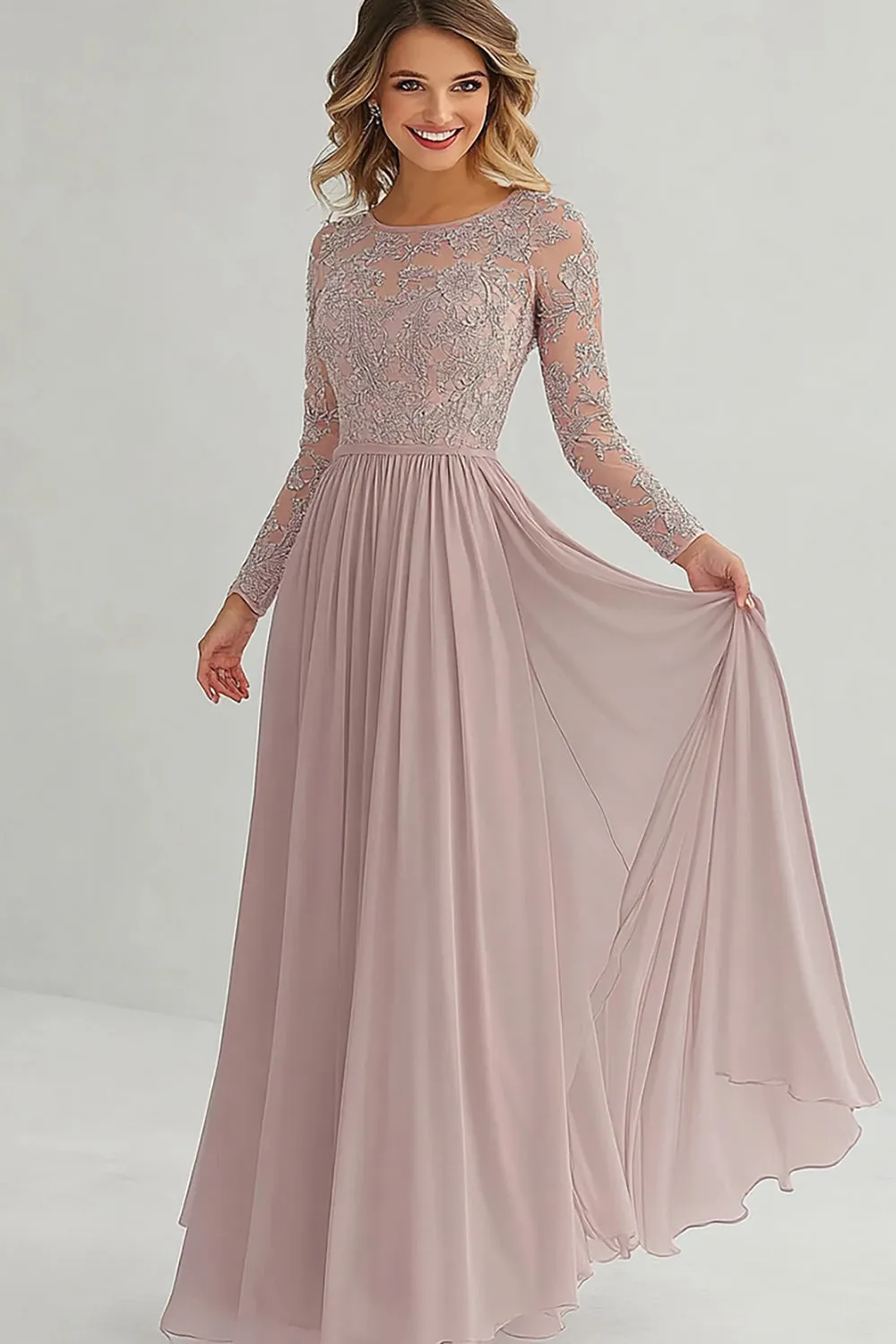 Elegant Dusty Rose A Line Long Sleeves Mother of Bride Dress with Lace sold by Zapaka
