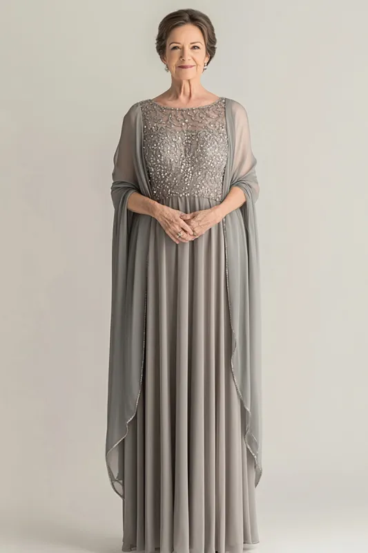 Elegant Sliver A-Line Scoop Long Chiffon Mother Of the Bride Dress with Lace Appliques sold by Zapaka