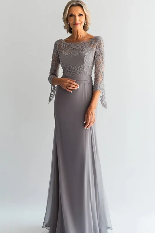 Elegant Sliver Shesth Scoop Long Chiffon Mother Of the Bride Dress with Lace Appliques sold by Zapaka