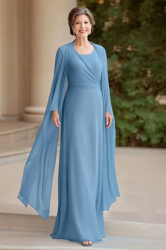Black Tie Dusty Blue A-Line Scoop Chiffon Long Mother of the Bride Dress with Long Sleeves sold by Zapaka