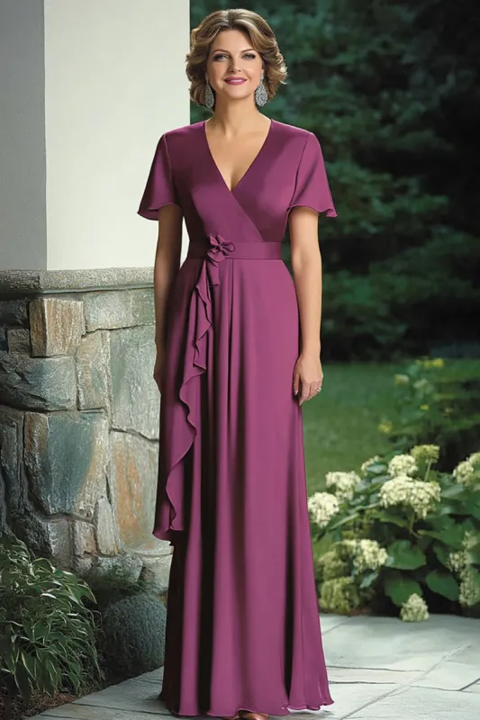 Purple Mermaid Wrap Short Sleeves V Neck Ruffles Chiffon Long Mother of the Bride Dress sold by Zapaka