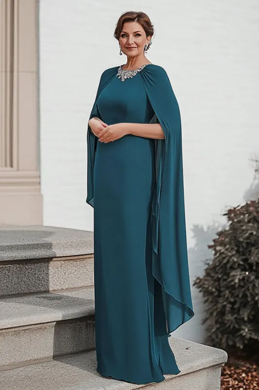 Sparkly Peacock Mermaid Rhinestones Chiffon Long Mother of the Bride Dress with Cape sold by Zapaka