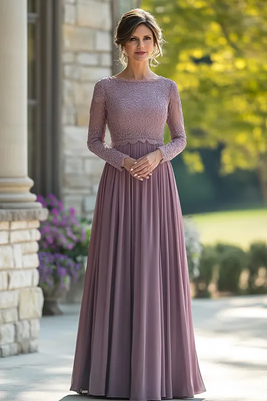Black Tie Vintage Mauve Column Scoop Chiffon Long Mother of the Bride Dress with Lace Appliques sold by Zapaka