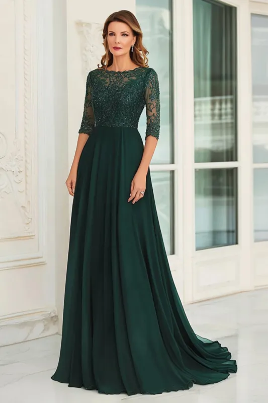 Dark Green A Line Lace Mother Of Bride Dress with 3/4 Sleeves sold by Zapaka