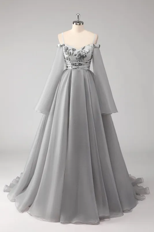 Cold Shoulder Grey Appliques Chiffon A Line Long Sleeves Porm Dress sold by Zapaka