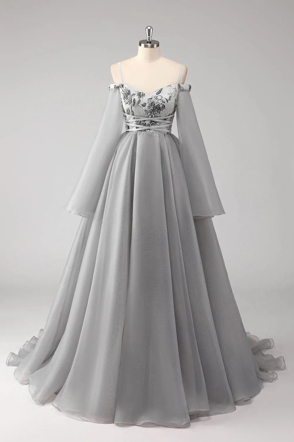 Cold Shoulder Grey Appliques Chiffon A Line Long Sleeves Porm Dress sold by Zapaka