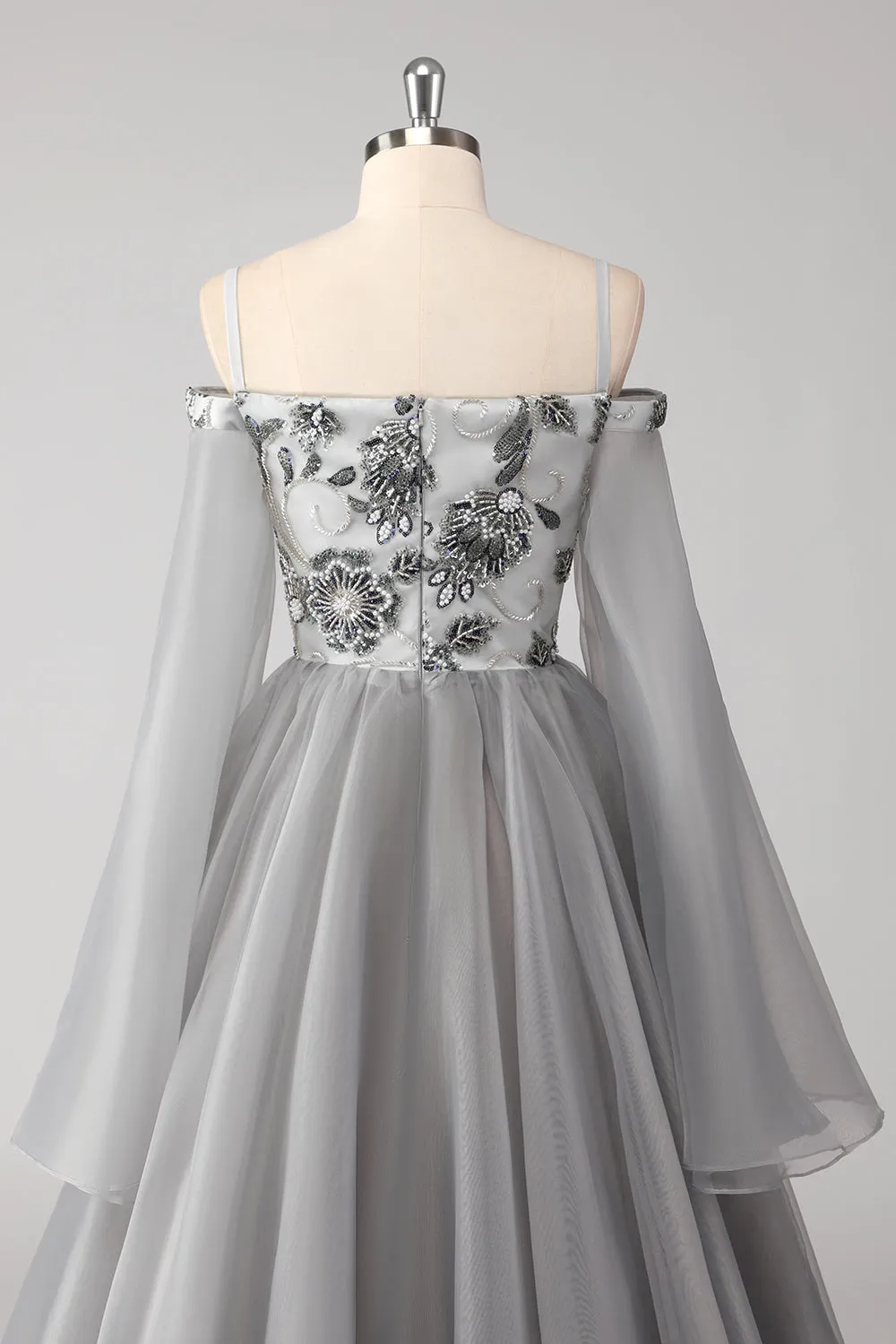 Cold Shoulder Grey Appliques Chiffon A Line Long Sleeves Porm Dress sold by Zapaka product image thumbnail 5