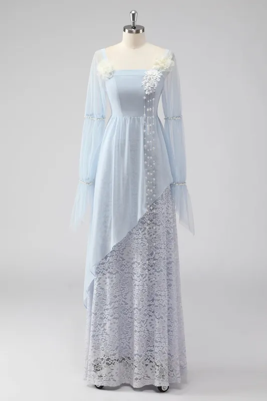 Lace Light Blue Chiffon Long Sleeves Spaghetti Straps Mother of the Bride Dress sold by Zapaka