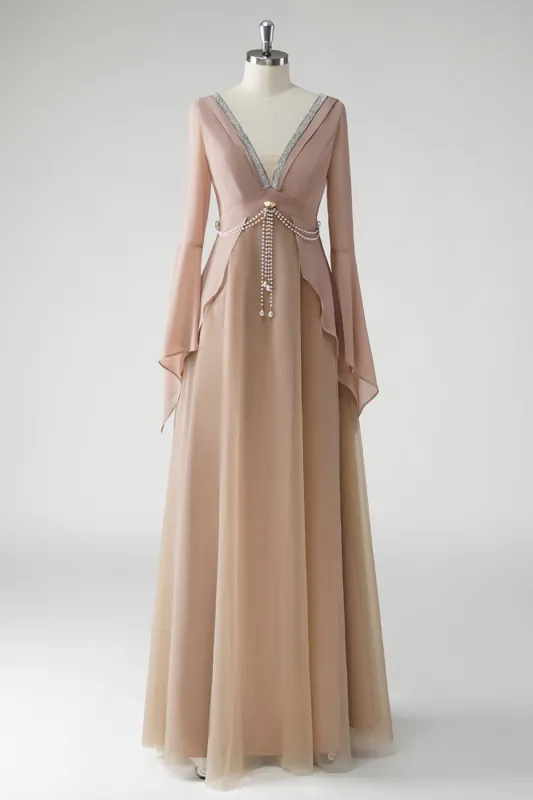 Blush A Line V Neck Chiffon Long Sleeves Mother of the Bride Dress with Beading sold by Zapaka