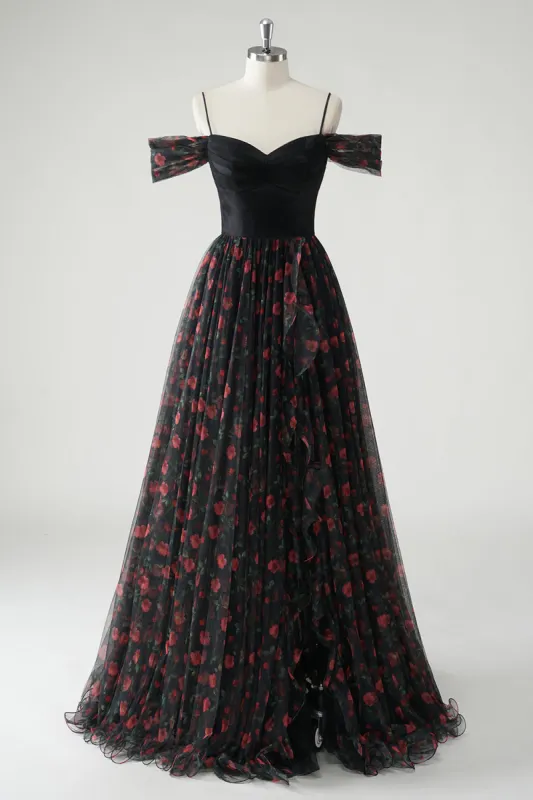 Black A Line Cold Shoulder Printed Floral Long Prom Dress with Slit sold by Zapaka