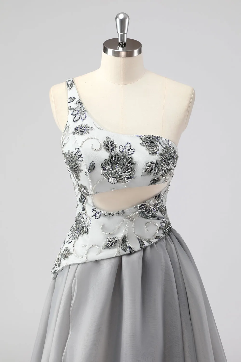 Grey A Line One Shoulder Hollow-out Long Prom Dress with Beading sold by Zapaka product image thumbnail 4