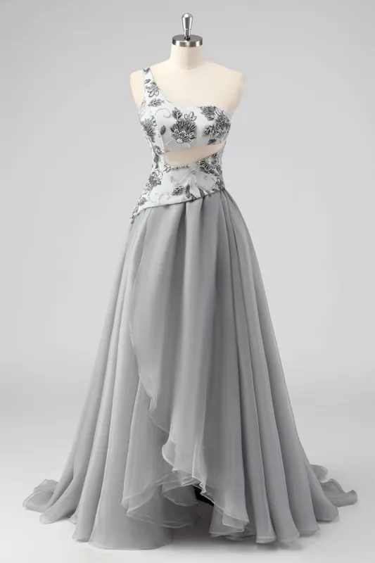 Grey A Line One Shoulder Hollow-out Long Prom Dress with Beading sold by Zapaka