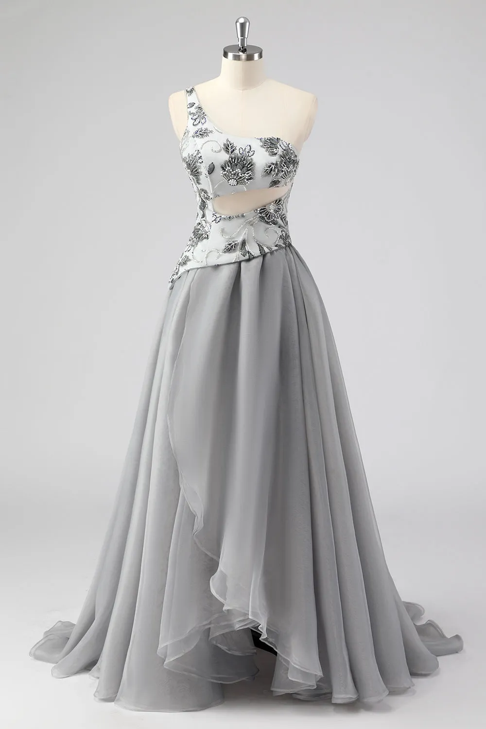 Grey A Line One Shoulder Hollow-out Long Prom Dress with Beading sold by Zapaka