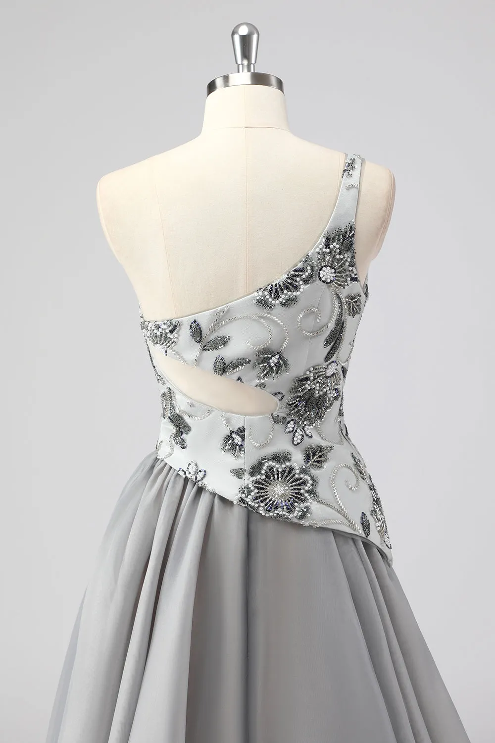 Grey A Line One Shoulder Hollow-out Long Prom Dress with Beading sold by Zapaka product image thumbnail 5