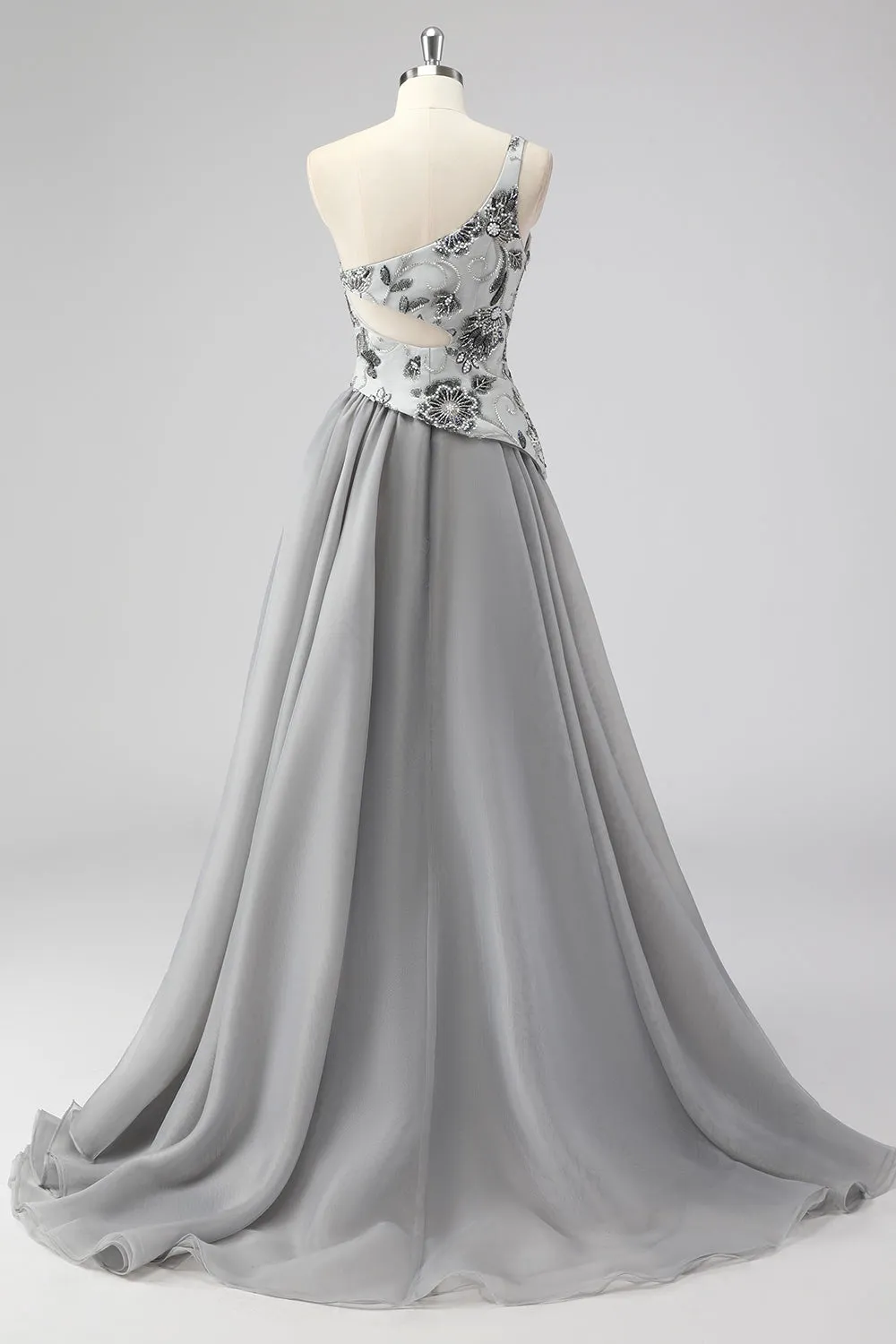 Grey A Line One Shoulder Hollow-out Long Prom Dress with Beading sold by Zapaka product image thumbnail 2