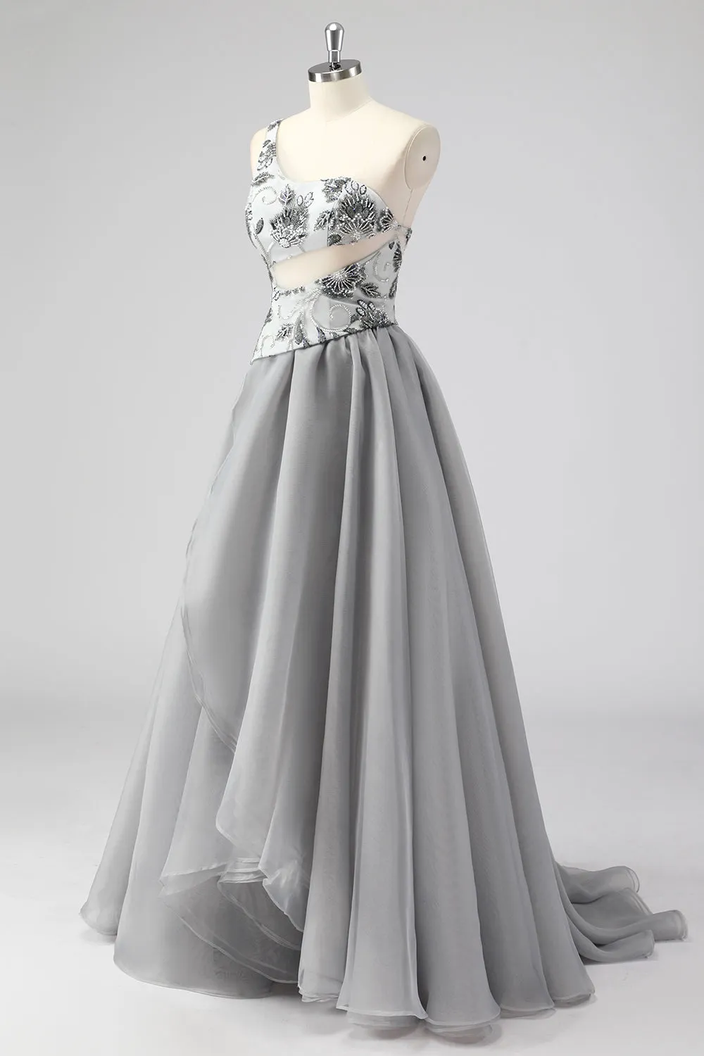 Grey A Line One Shoulder Hollow-out Long Prom Dress with Beading sold by Zapaka product image thumbnail 3