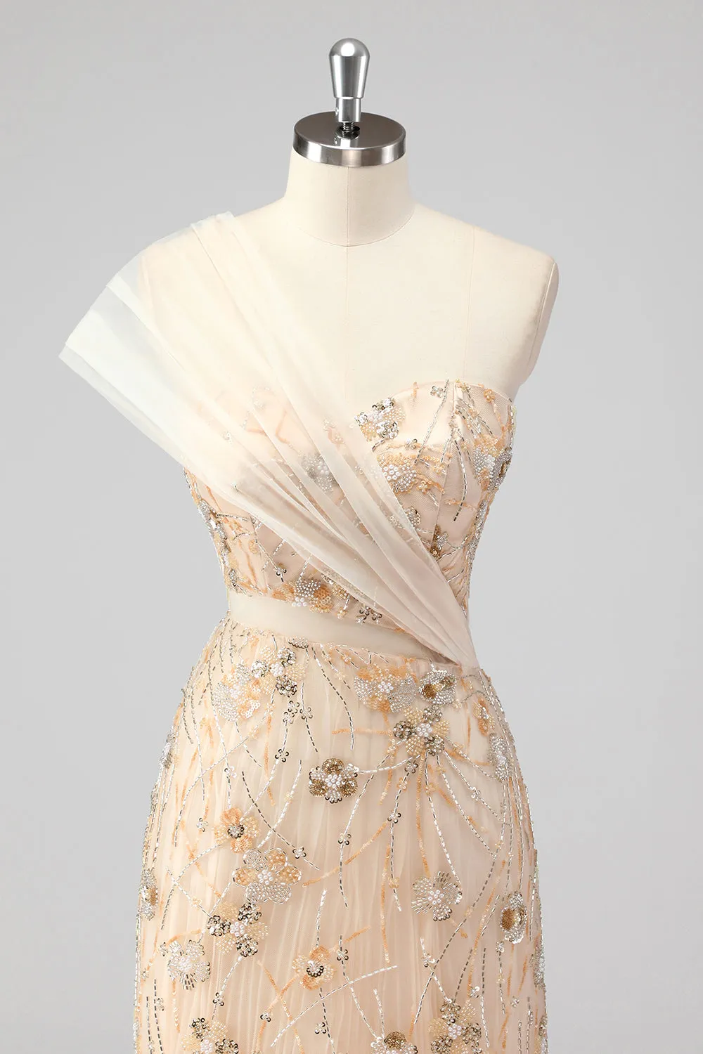 Champagne Mermaid One Shoulder Beaded Prom Dress with Appliques sold by Zapaka product image thumbnail 4