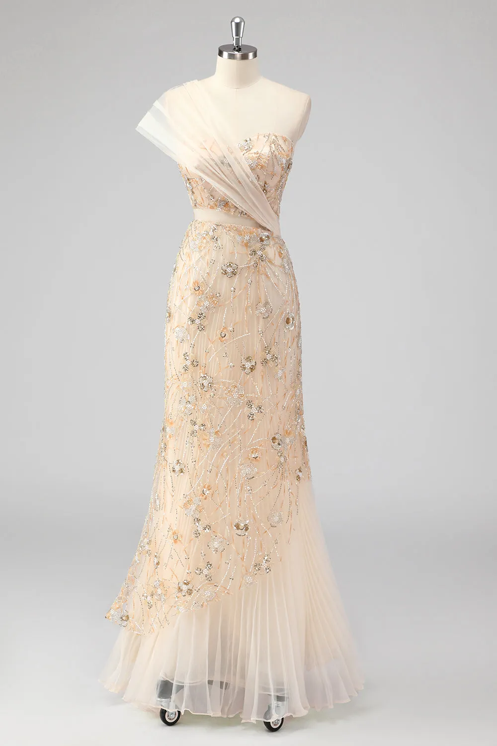 Champagne Mermaid One Shoulder Beaded Prom Dress with Appliques sold by Zapaka