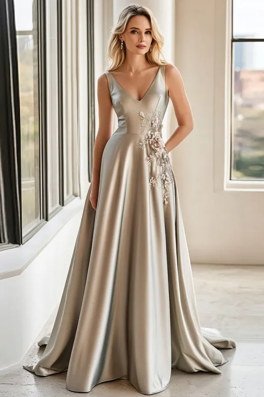 Satin V Neck Light Grey Mother of the Bride Dress with Appliques sold by Zapaka
