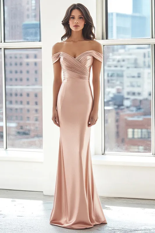 Elegant Blush Off the Shoulder Sheath Stretch Satin Long Formal Dress with Ruched sold by Zapaka