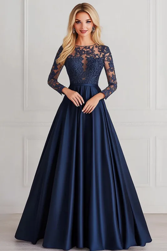 Sparkly Navy A-Line Long Sleeves Laced Top Satin Mother of the Bride Dress sold by Zapaka