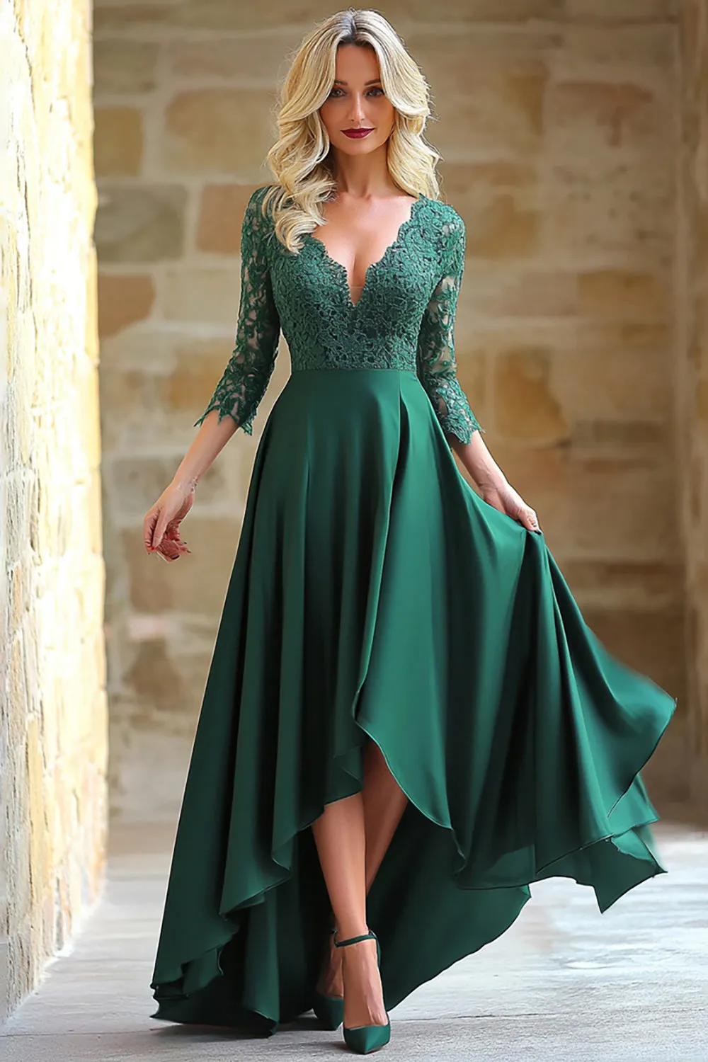 Satin Lace Dark Green A Line V Neck 3/4 Sleeves Mother of the Bride Dress sold by Zapaka