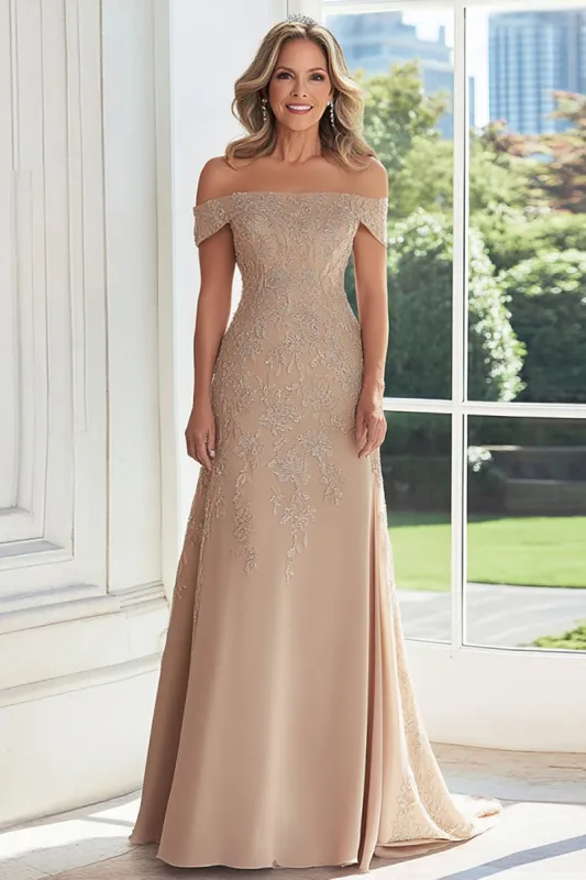 Taupe Lace Applique Sheath Off the Shoulder Mother of the Bride Dress sold by Zapaka