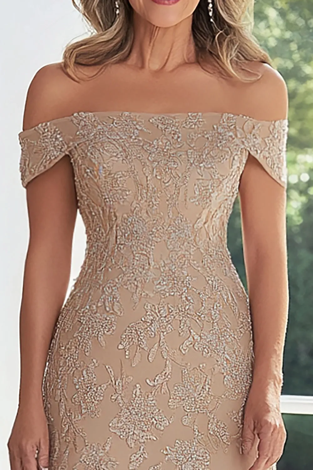 Taupe Lace Applique Sheath Off the Shoulder Mother of the Bride Dress sold by Zapaka product image thumbnail 2