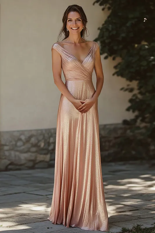 Sparkly Champagne V Neck Ruched Mother Of Bride Dress With Sequins sold by Zapaka