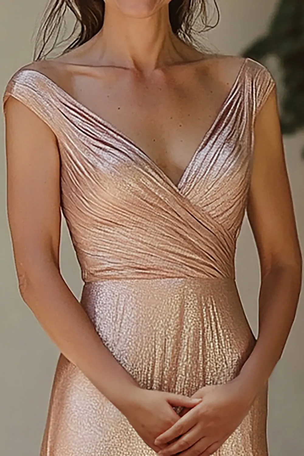 Sparkly Champagne V Neck Ruched Mother Of Bride Dress With Sequins sold by Zapaka product image thumbnail 2