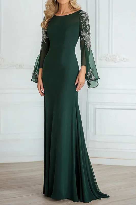 Scoop Neck Chiffon Lace A Line Dark Green Long Sleeves Mother of the Bride Dress sold by Zapaka